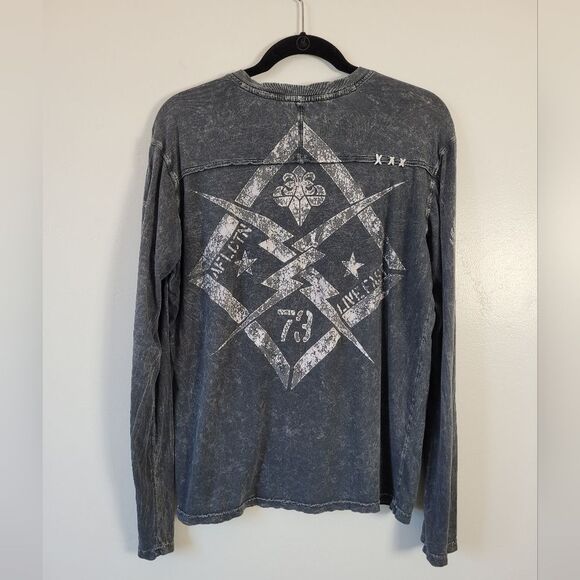 Affliction Men's Long Sleeve Shirt Graphite Grunge Distressed Cross Wings Medium - Picture 8 of 8